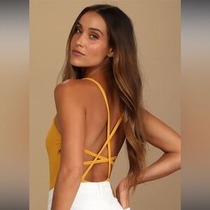 NWOT Lulus Heights Mustard Yellow Ribbed Strappy Backless Bodysuit